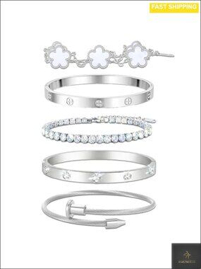 18K Gold Plated Love Bangle Bracelet Stack Adjustable CZ Tennis Chain Set
